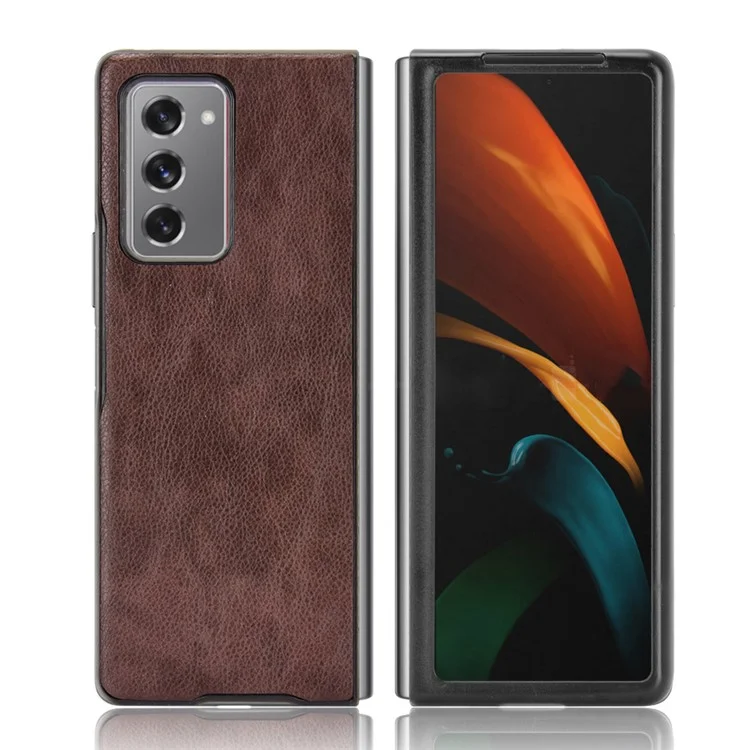 PC Con Recubrimiento Con Cuero Litchi Skin Para Samsung Galaxy Z Fold2 5G - Marrón