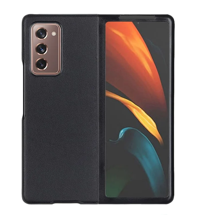 Coque rigide en PC avec revêtement en cuir véritable et pliage à 180 degrés flexible pour Samsung Galaxy Z Fold2 5G - Noir