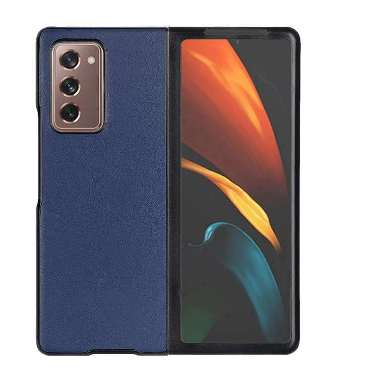Cascado de PC Rígido Revestido Com Couro Genuíno Com Dobra Flexível de 180 Graus Para Samsung Galaxy Z Fold2 5G - Azul