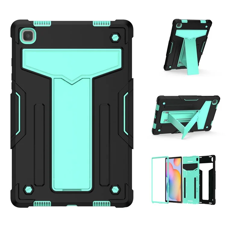 Foldable T-shaped Kickstand Anti-dust PC Silicone Tablet Cover for Samsung Galaxy Tab A7 10.4 (2020) / (2022) - Black / Cyan