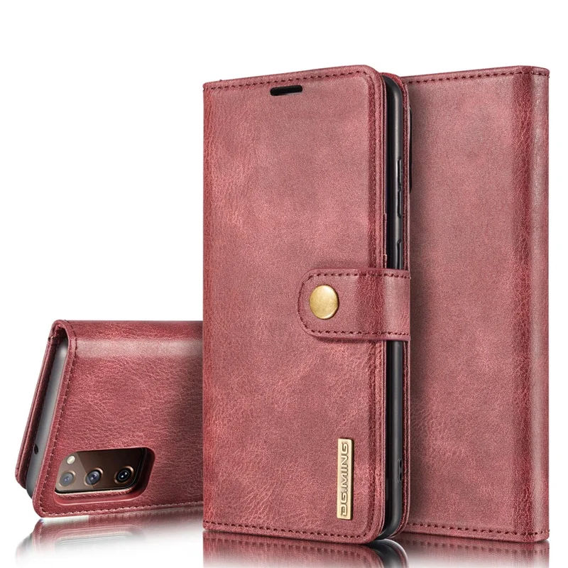 DG.MING Detachable 2-in-1 Split Leather Wallet Shell + PC Back Case for Samsung Galaxy S20 FE 4G / 5G / S20 Lite / S20 FE 2022 - Wine Red