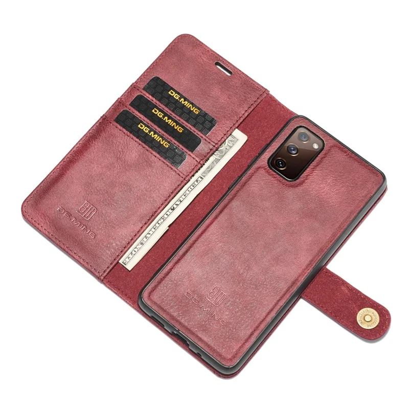 DG.MING Detachable 2-in-1 Split Leather Wallet Shell + PC Back Case for Samsung Galaxy S20 FE 4G / 5G / S20 Lite / S20 FE 2022 - Wine Red