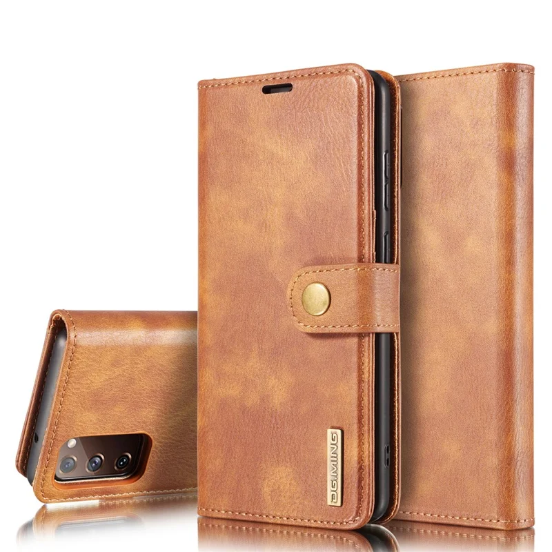 DG.MING Detachable 2-in-1 Split Leather Wallet Shell + PC Back Case for Samsung Galaxy S20 FE 4G / 5G / S20 Lite / S20 FE 2022 - Brown