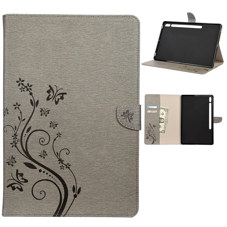 Carteira com suporte para borboletas Imprint Flip Leather Tablet Cover para Samsung Galaxy Tab S7+ / T970 / S8+ - Cinza