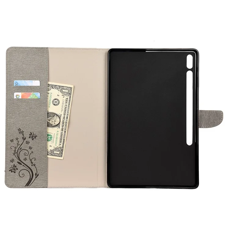 Carteira com suporte para borboletas Imprint Flip Leather Tablet Cover para Samsung Galaxy Tab S7+ / T970 / S8+ - Cinza