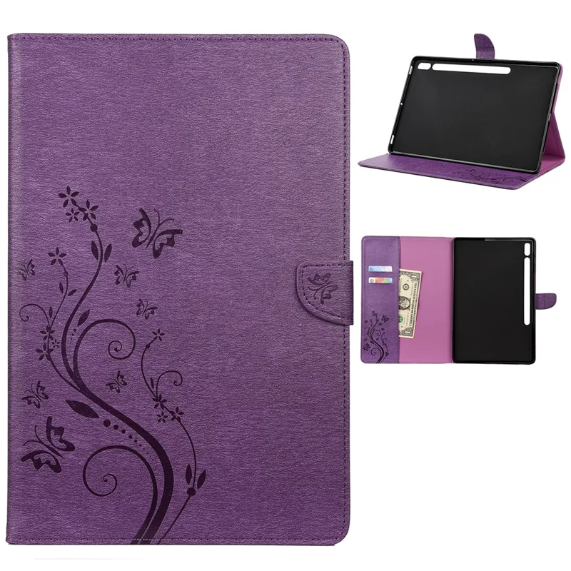 Butterflies Imprint Wallet Stand Flip Leather Tablet Cover for Samsung Galaxy Tab S7+ / T970 / S8+ - Purple