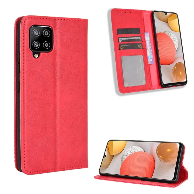 Tampa do Telefone de Couro da Carteira de Estilo Vintage Para Samsung Galaxy A42 5G - Vermelho