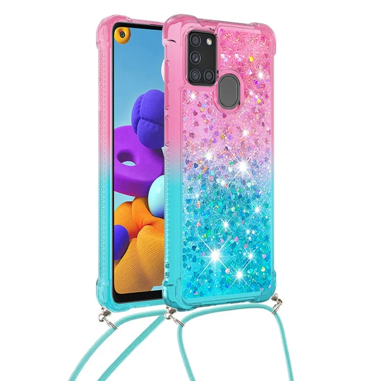 Stoßfeste Verlaufsglitzerpuder-Quicksand-TPU-Handyhülle mit Gurt für Samsung Galaxy A21s - Pink/Cyan