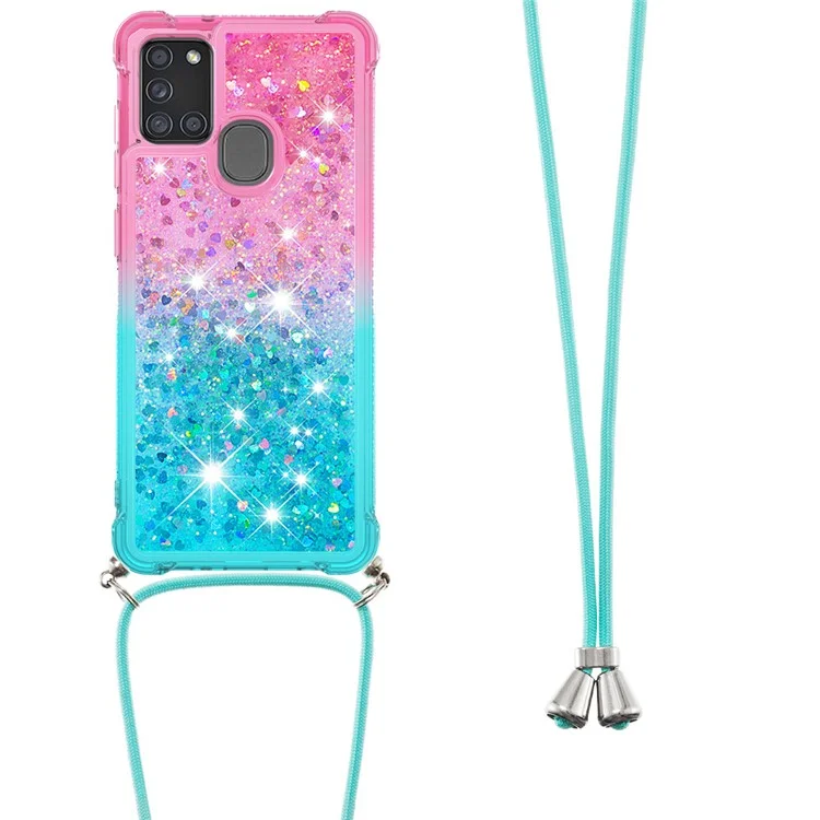 Stoßfeste Verlaufsglitzerpuder-Quicksand-TPU-Handyhülle mit Gurt für Samsung Galaxy A21s - Pink/Cyan