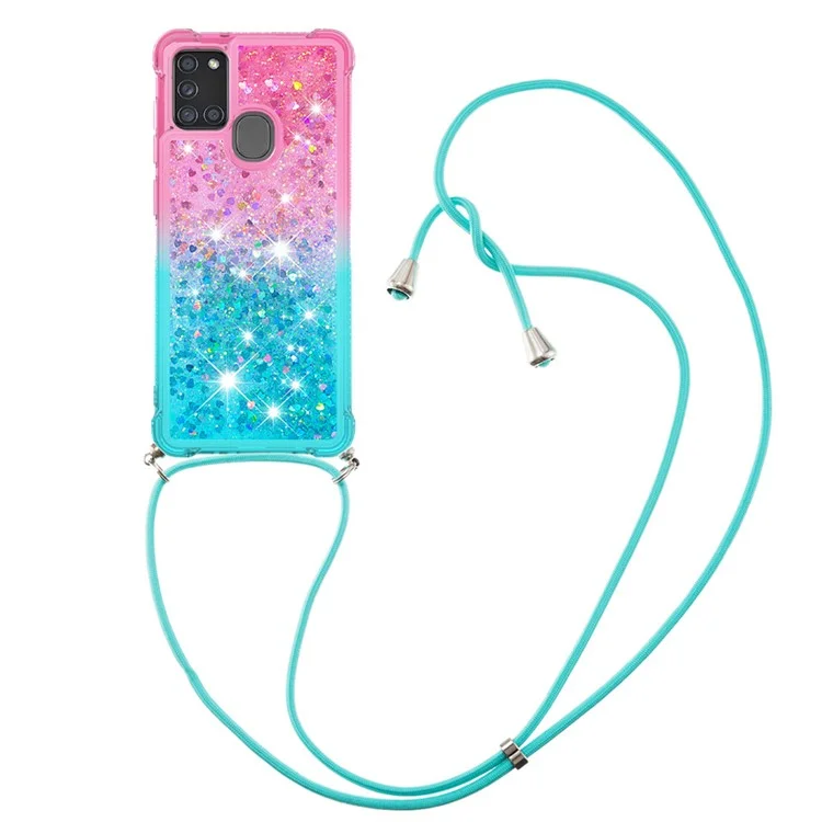 Stoßfeste Verlaufsglitzerpuder-Quicksand-TPU-Handyhülle mit Gurt für Samsung Galaxy A21s - Pink/Cyan