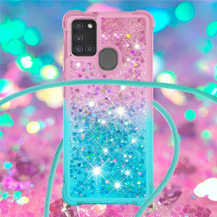 Stoßfeste Verlaufsglitzerpuder-Quicksand-TPU-Handyhülle mit Gurt für Samsung Galaxy A21s - Pink/Cyan