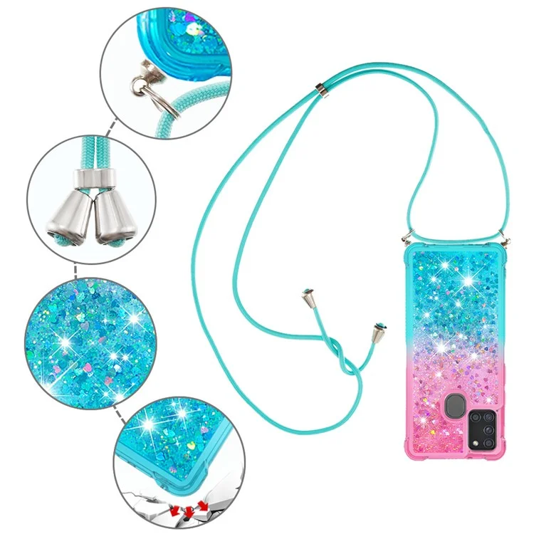Stoßfeste Verlaufsglitzerpuder-Quicksand-TPU-Handyhülle mit Gurt für Samsung Galaxy A21s - Pink/Cyan