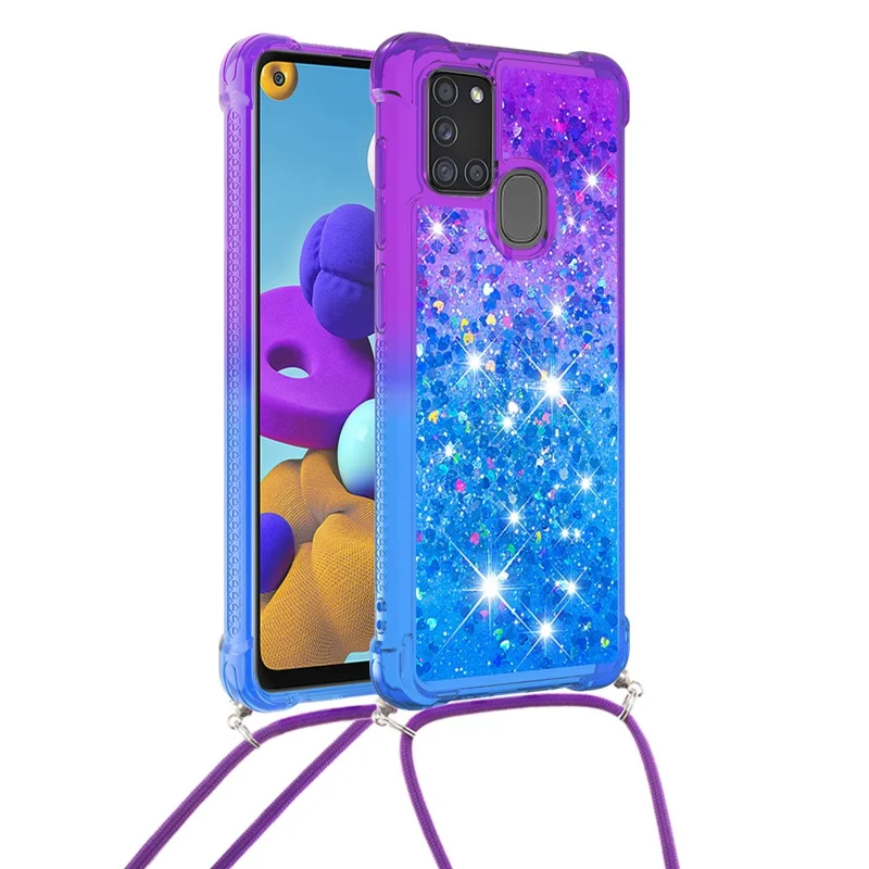 Stoßfeste Gradient-Glitter-Pulver-Quicksand-TPU-Handyhülle mit Gurt für Samsung Galaxy A21s - Lila/Blau