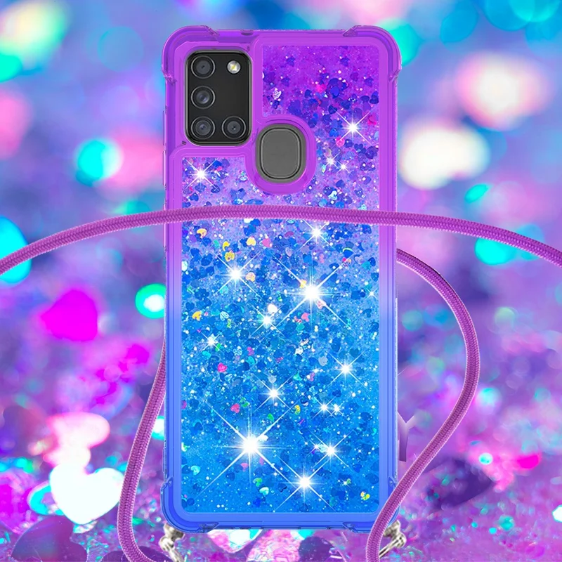 Stoßfeste Gradient-Glitter-Pulver-Quicksand-TPU-Handyhülle mit Gurt für Samsung Galaxy A21s - Lila/Blau