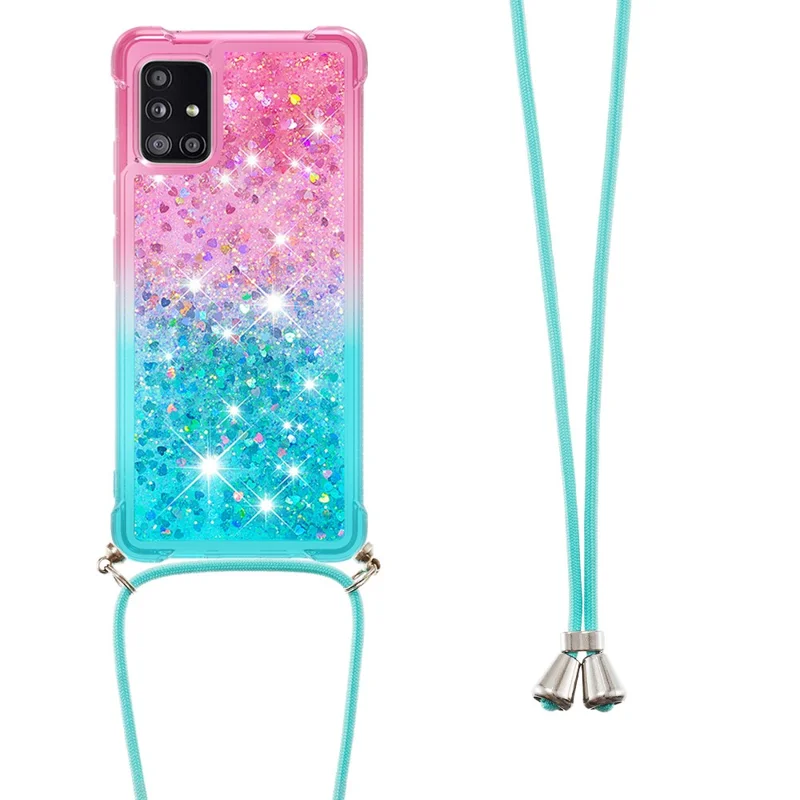 Shockproof Gradient Glitter Powder Quicksand TPU Phone Case with Strap for Samsung Galaxy A71 5G SM-A716 - Pink/Cyan