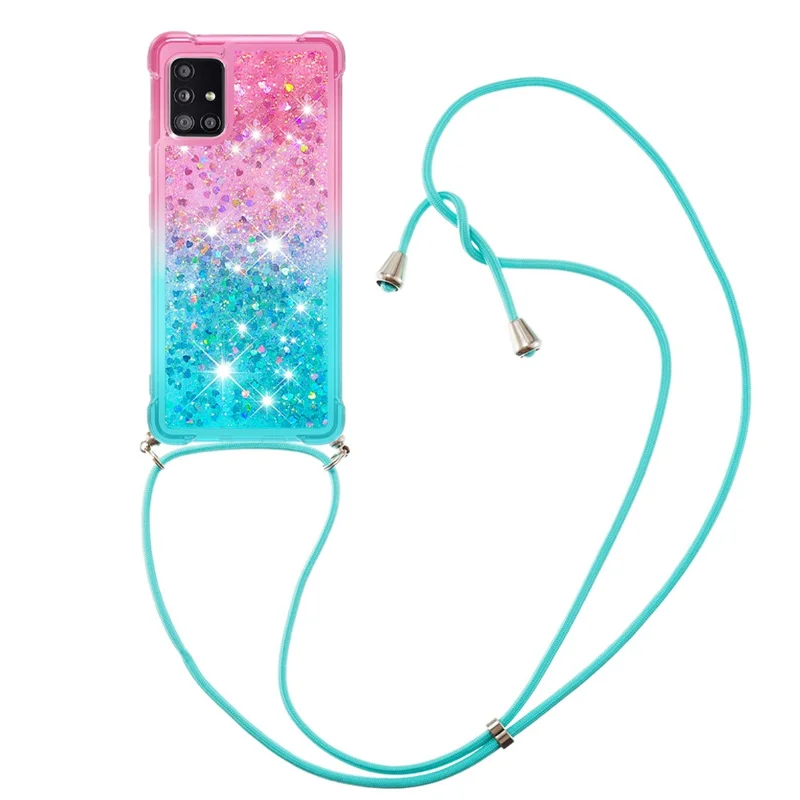 Shockproof Gradient Glitter Powder Quicksand TPU Phone Case with Strap for Samsung Galaxy A71 5G SM-A716 - Pink/Cyan