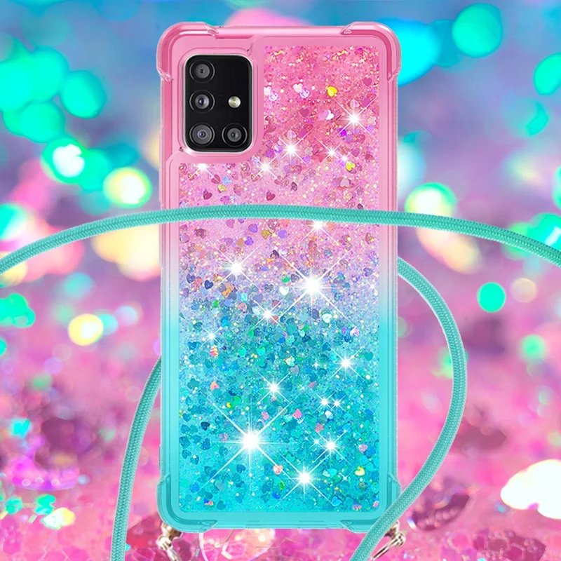 Shockproof Gradient Glitter Powder Quicksand TPU Phone Case with Strap for Samsung Galaxy A71 5G SM-A716 - Pink/Cyan