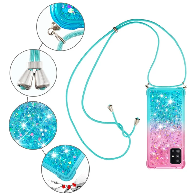 Shockproof Gradient Glitter Powder Quicksand TPU Phone Case with Strap for Samsung Galaxy A71 5G SM-A716 - Pink/Cyan