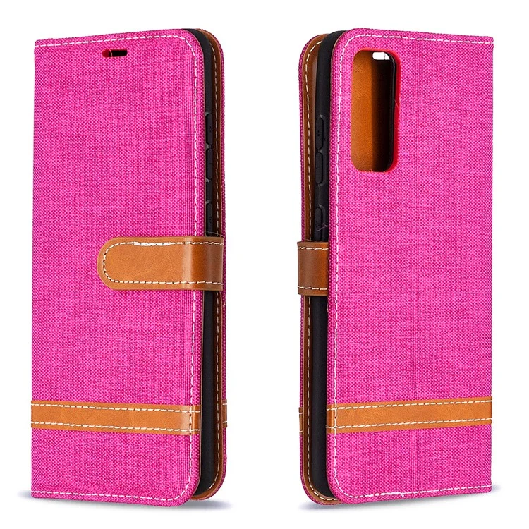 Color Splicing Jeans Cloth Skin Wallet Leather Phone Cover Case for Samsung Galaxy S20 FE 4G/FE 5G/S20 Lite/S20 FE 2022 - Rose