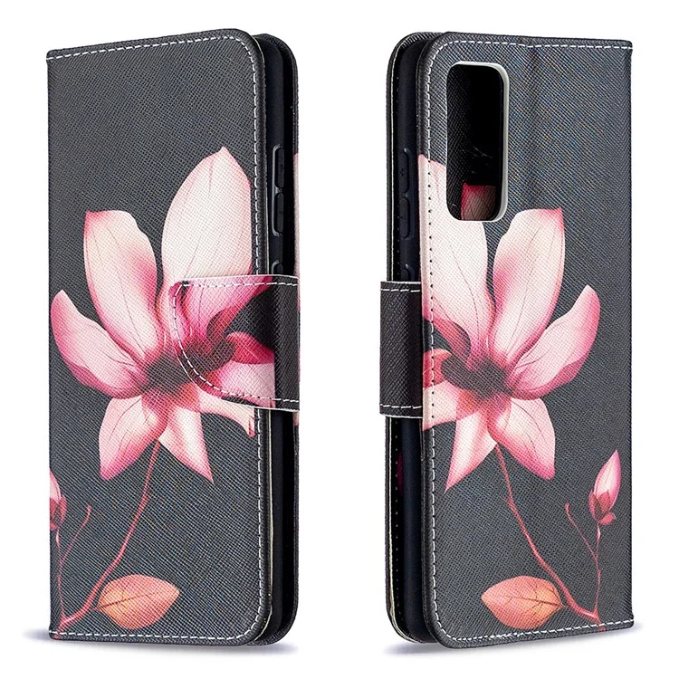 Motif de Boîtier D'impression Portefeuille Support de Couverture en Cuir Protecteur Pour Samsung Galaxy S20 fe 4g / fe 5g / S20 Lite / S20 fe 2022 - Fleur Rose