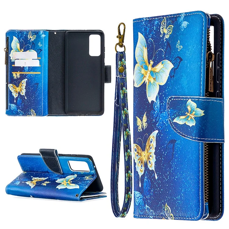 Pattern Printing Case Wallet Stand Leather Cover Protector for Samsung Galaxy S20 FE 4G / FE 5G / S20 Lite / S20 FE 2022 - Blue Butterfly
