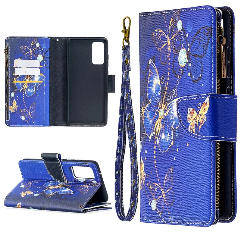 Pattern Printing Case Wallet Stand Leather Cover Protector for Samsung Galaxy S20 FE 4G / FE 5G / S20 Lite / S20 FE 2022 - Dark Blue Butterfly