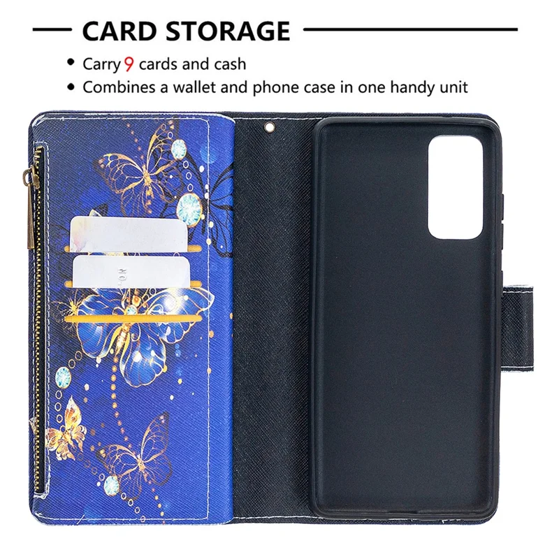 Pattern Printing Case Wallet Stand Leather Cover Protector for Samsung Galaxy S20 FE 4G / FE 5G / S20 Lite / S20 FE 2022 - Dark Blue Butterfly