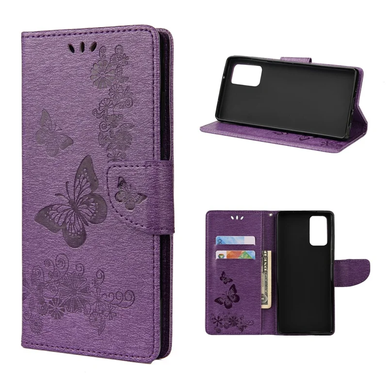 Imprint Butterflies Flower Wallet Stand Leather Case for Samsung Galaxy S20 FE 4G/FE 5G/S20 Lite/S20 FE 2022 - Purple