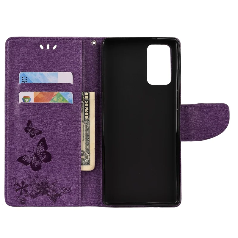 Imprint Butterflies Flower Wallet Stand Leather Case for Samsung Galaxy S20 FE 4G/FE 5G/S20 Lite/S20 FE 2022 - Purple