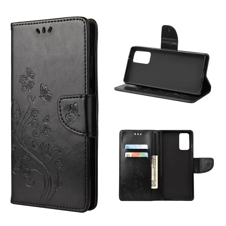 Imprint Butterflies Wallet Stand Flip Leather Phone Cover for Samsung Galaxy S20 FE 4G/FE 5G/S20 Lite/S20 FE 2022 - Black