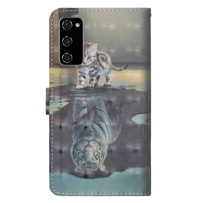 Light Spot Decor Pattern Printing Wallet Stand Leather Shell with Strap for Samsung Galaxy S20 FE 4G/FE 5G/S20 Lite/S20 FE 2022 - Cat and Tiger Reflection