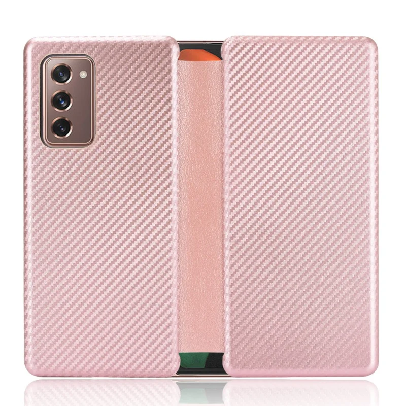 Pour Samsung Galaxy Z Fold2 5G Theple Arriffication Étui de Téléphone en Cuir en Fibre de Carbone Couvercle Avec Fente de Carte - or Rose