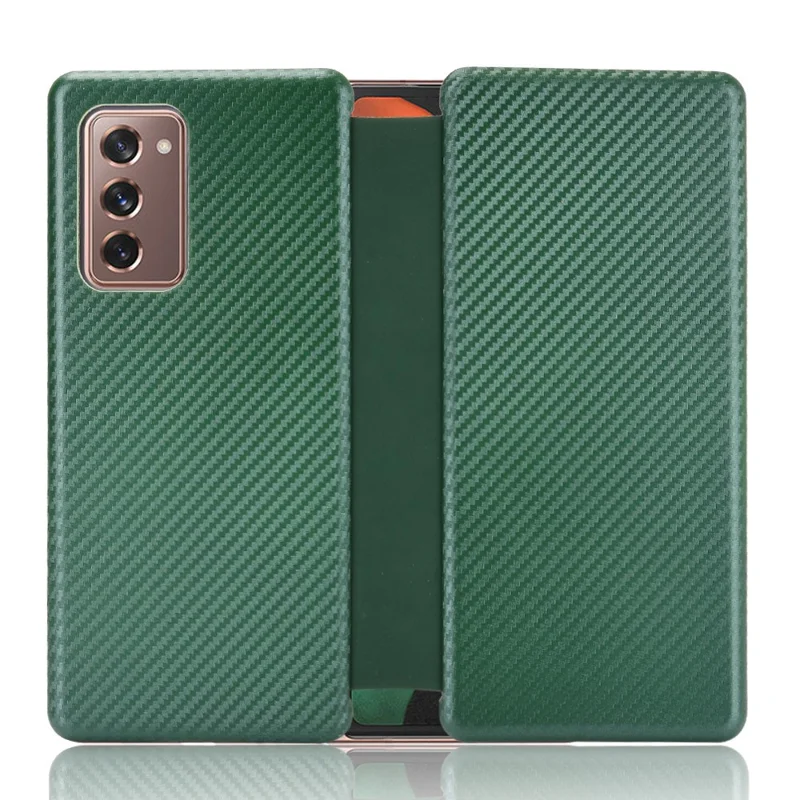 For Samsung Galaxy Z Fold2 5G Shockproof Phone Case Auto-absorbed Leather Carbon Fiber Flip Cover with Card Slot - Green