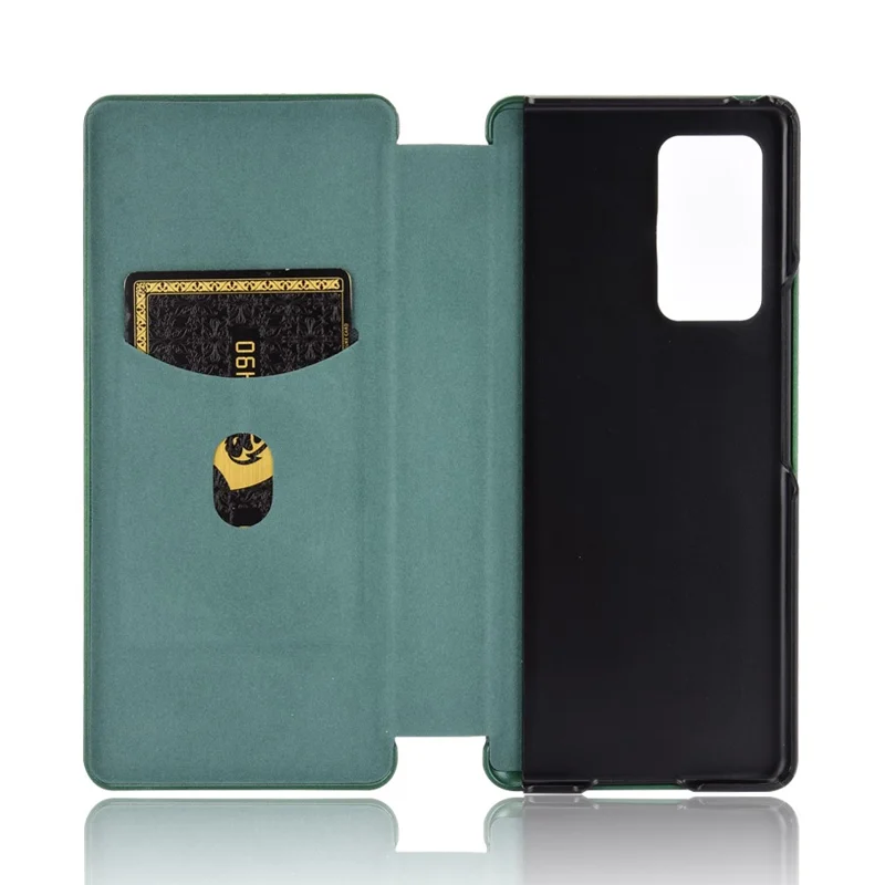 For Samsung Galaxy Z Fold2 5G Shockproof Phone Case Auto-absorbed Leather Carbon Fiber Flip Cover with Card Slot - Green