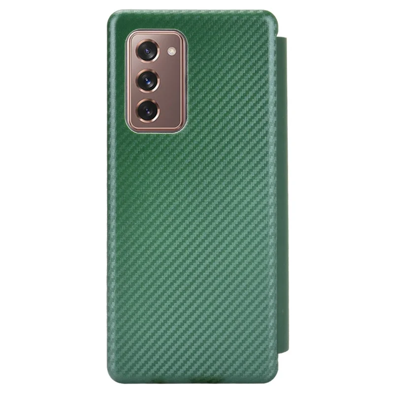 For Samsung Galaxy Z Fold2 5G Shockproof Phone Case Auto-absorbed Leather Carbon Fiber Flip Cover with Card Slot - Green