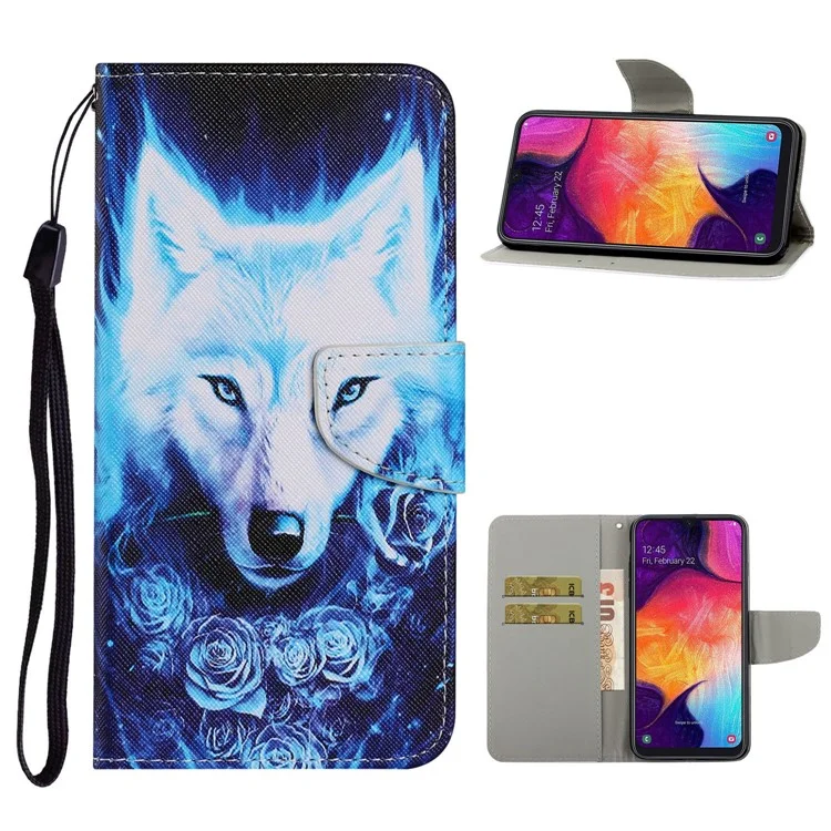 Carteira de Couro de Impressão de Padrões Estilos Elegantes Com Cinta Prática Para o Samsung Galaxy A41 (versão Global) - Lobo