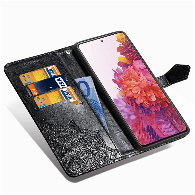 Wytłaczana etui portfel z kwiatem mandala z skóry dla Samsung Galaxy S20 FE 4G/FE 5G/S20 Lite/S20 FE 2022 - Czarny