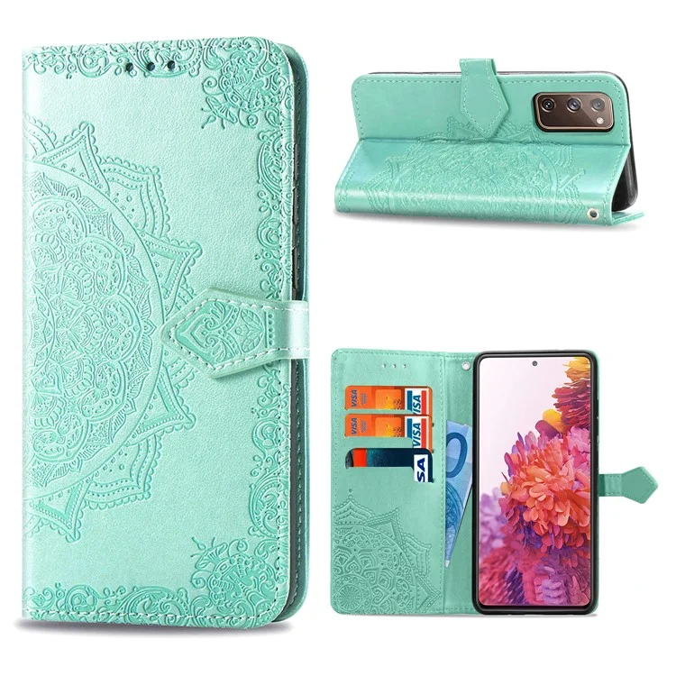 Capas de Cuero de Billetera de Mandala en Relieve Para Samsung Galaxy S20 fe 4g/fe 5G/S20 Lite/S20 fe 2022 - Cian