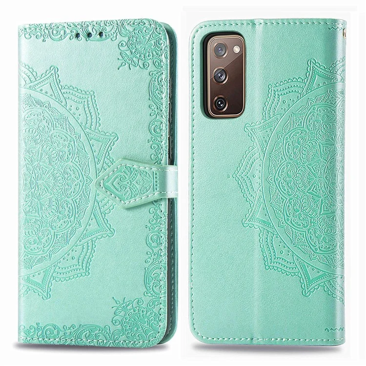 Capas de Cuero de Billetera de Mandala en Relieve Para Samsung Galaxy S20 fe 4g/fe 5G/S20 Lite/S20 fe 2022 - Cian