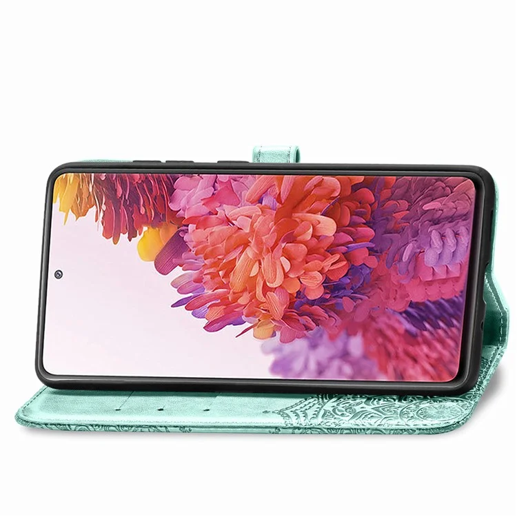 Casca de Couro da Carteira de Flor de Mandala em Relevo Para Samsung Galaxy S20 fe 4g/fe 5g/s20 Lite/S20 fe 2022 - Ciano