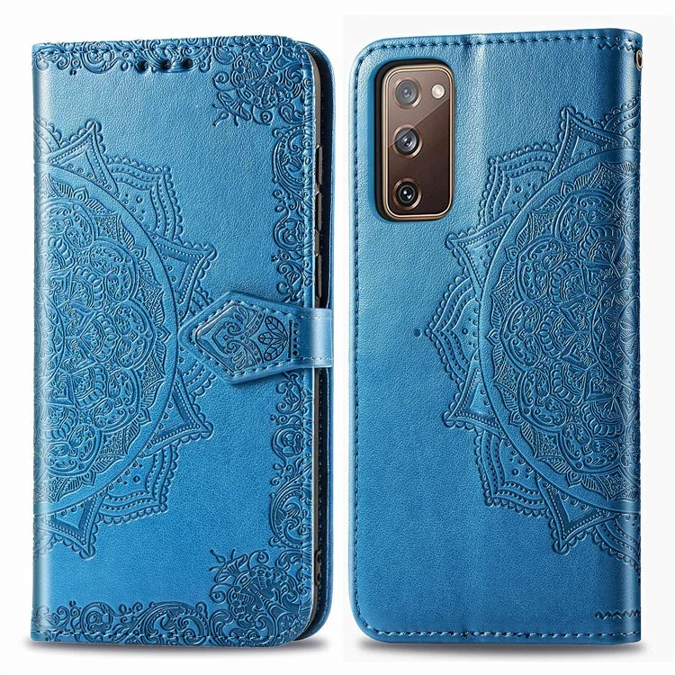 Embossed Mandala Flower Wallet Leather Shell for Samsung Galaxy S20 FE 4G/FE 5G/S20 Lite/S20 FE 2022 - Blue