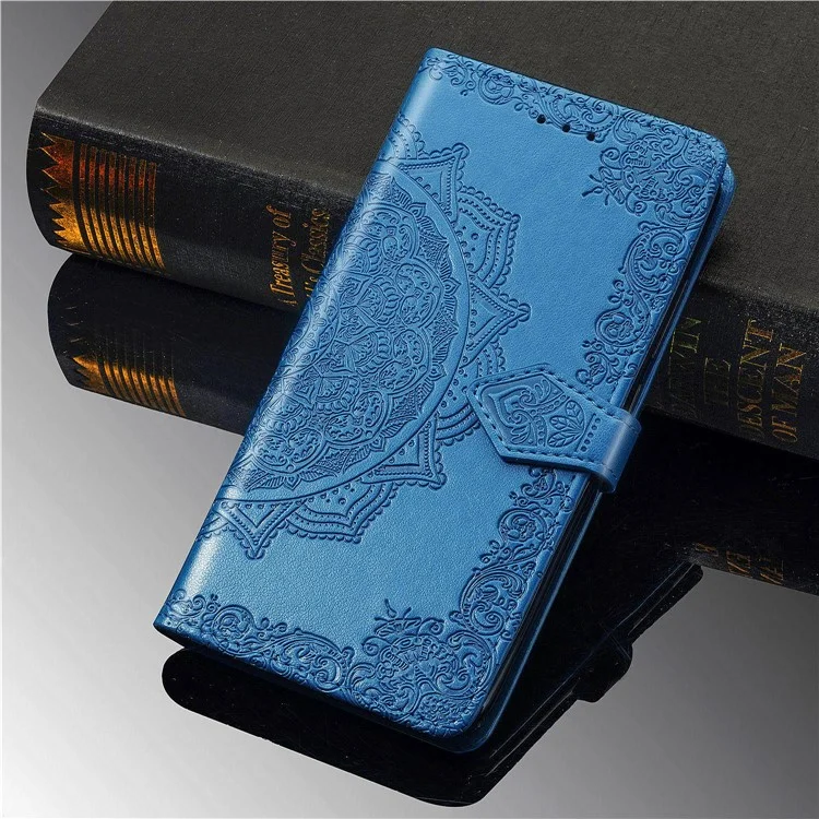 Embossed Mandala Flower Wallet Leather Shell for Samsung Galaxy S20 FE 4G/FE 5G/S20 Lite/S20 FE 2022 - Blue