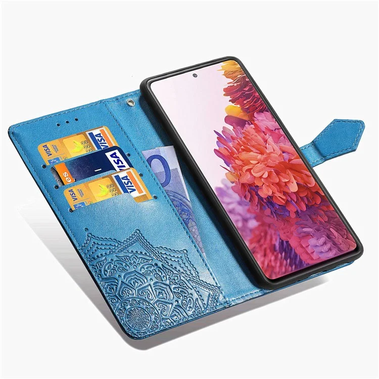 Casca de Couro da Carteira de Flor de Mandala em Relevo Para Samsung Galaxy S20 fe 4g/fe 5g/s20 Lite/S20 fe 2022 - Azul