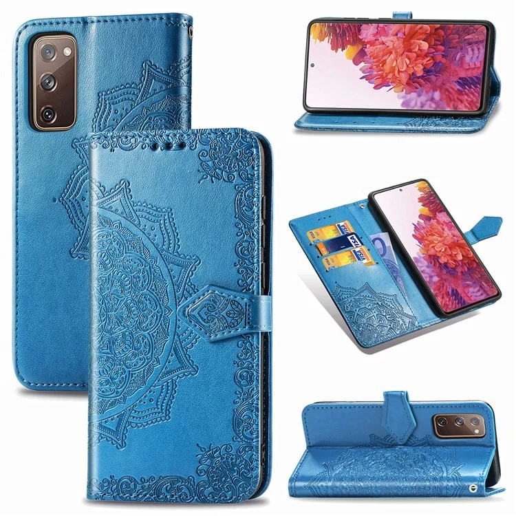 Casca de Couro da Carteira de Flor de Mandala em Relevo Para Samsung Galaxy S20 fe 4g/fe 5g/s20 Lite/S20 fe 2022 - Azul