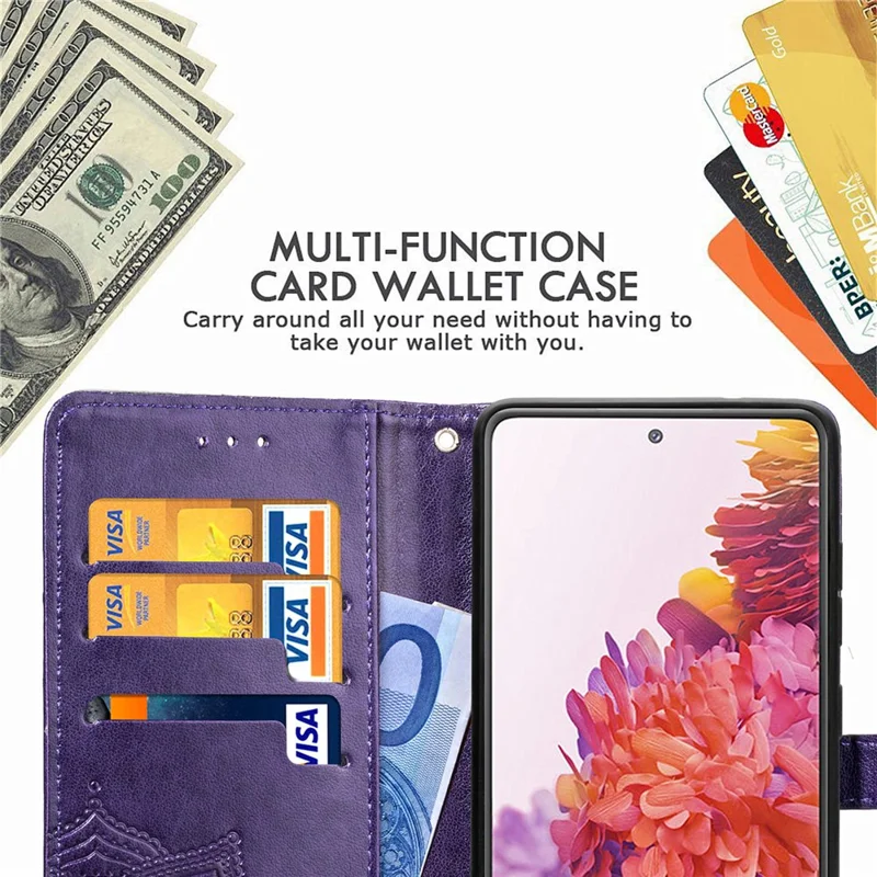Embossed Mandala Flower Wallet Leather Shell for Samsung Galaxy S20 FE 4G/FE 5G/S20 Lite/S20 FE 2022 - Purple