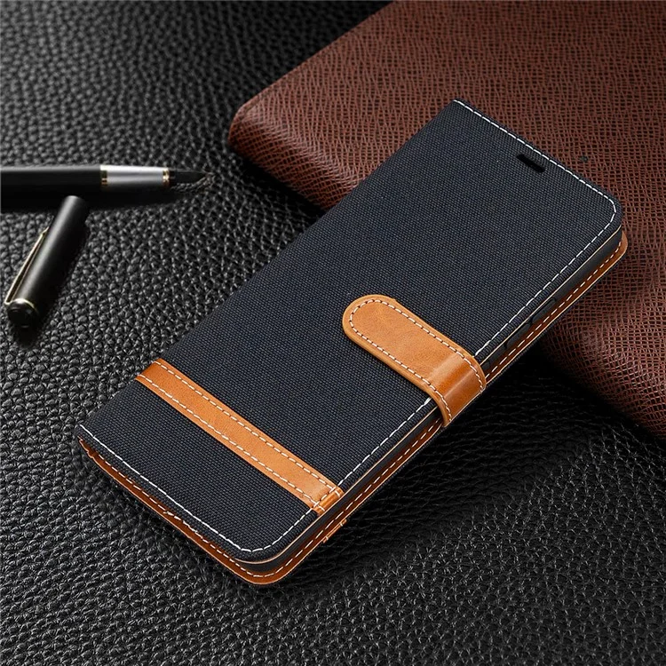 Assorted Color Jeans Cloth Leather Wallet Case for Samsung Galaxy A42 5G - Black