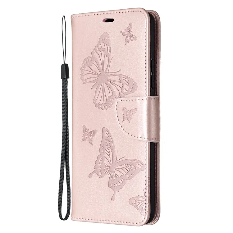 Imprint Butterflies with Wallet Leather Cover for Samsung Galaxy A42 5G - Rose Gold