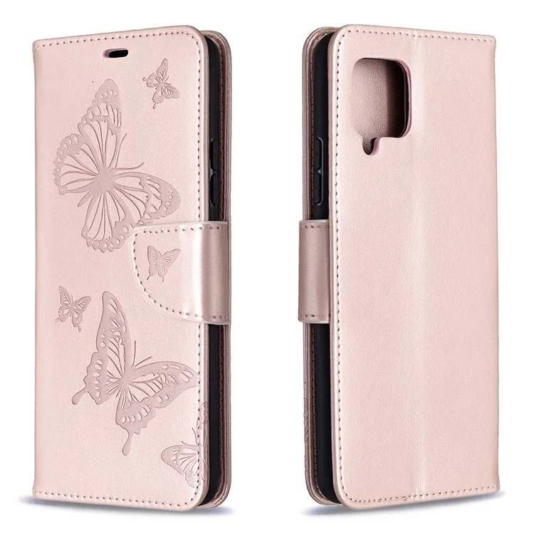 Imprint Butterflies with Wallet Leather Cover for Samsung Galaxy A42 5G - Rose Gold