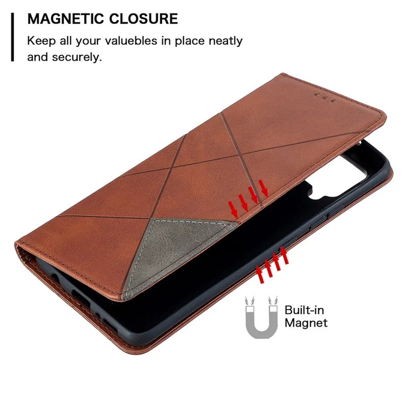 Geometric Pattern Leather Stand Case Card Holder Shell for Samsung Galaxy A42 5G - Brown