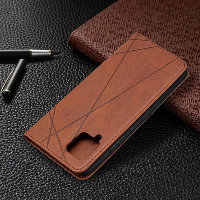 Geometric Pattern Leather Stand Case Card Holder Shell for Samsung Galaxy A42 5G - Brown